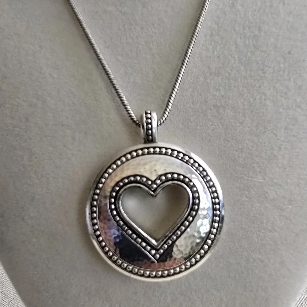 Brighton Pisa Cutout Heart Reversible Pendant Necklace Silver Hammered Round